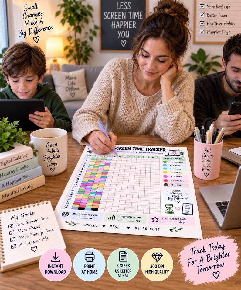 Screen Time Tracker Printable, Digital Wellness Habit Tracker, Phone Usage Log, Monthly Screen Time Chart, Digital Detox Planner PDF — original Etsy mockup 3