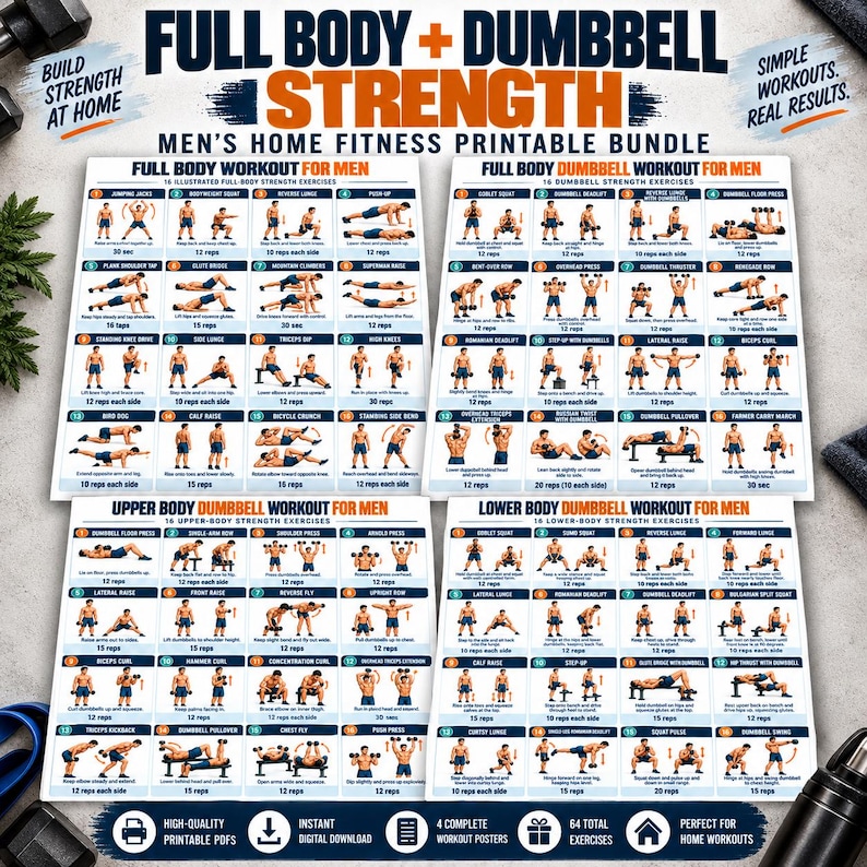 Men's Home Workout Printable Bundle, 20 Strength Posters + 8 Fitness Logs, Push Pull Legs Dumbbell Calisthenics PDF — original Etsy mockup 7