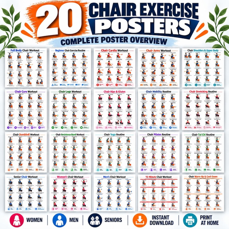 Seated Workout Poster Bundle, 20 Chair Exercises + 8 Fitness Planners for Seniors — original Etsy mockup 2