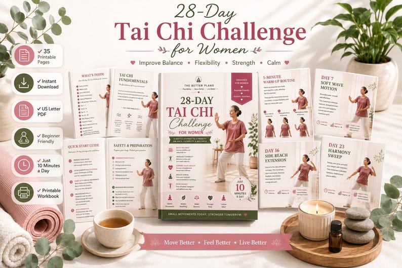28 Day Tai Chi Challenge for Women ,Exercise Workbook for Seniors, Printable PDF, Gentle Movement and Progress Tracker — original Etsy mockup 3