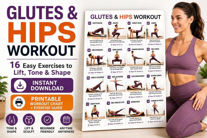 Glutes & Hips Workout Bundle Printable | Lower-Body Exercise Chart Tracker — original Etsy mockup 2