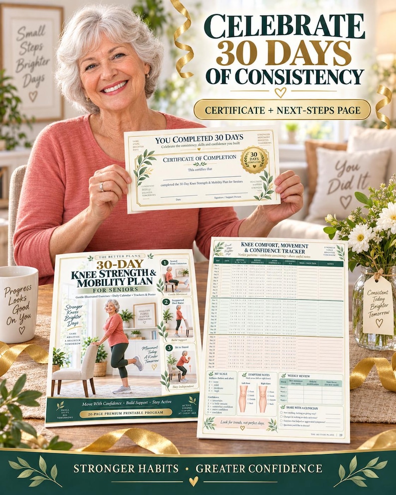 Knee Exercises for Seniors Printable 30 Day Strength and Mobility Plan with Illustrated Guide Tracker and Poster — original Etsy mockup 9
