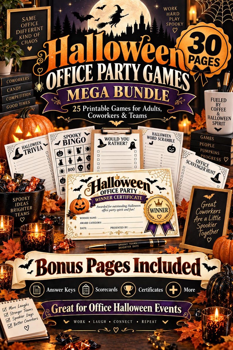 Adult Halloween Party Games Printable Bundle, Office Halloween Games, Workplace Team Building Activities, Trivia Bingo Icebreakers