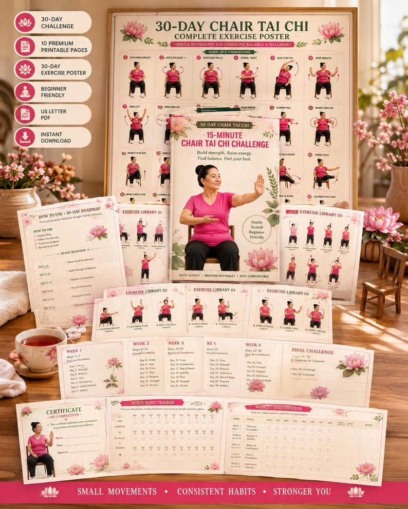 Tai Chi Chair Workout Weight Loss | 30 Day Chair Exercise Plan, Senior Wellness Printable 10 Pages Guide — original Etsy mockup 2