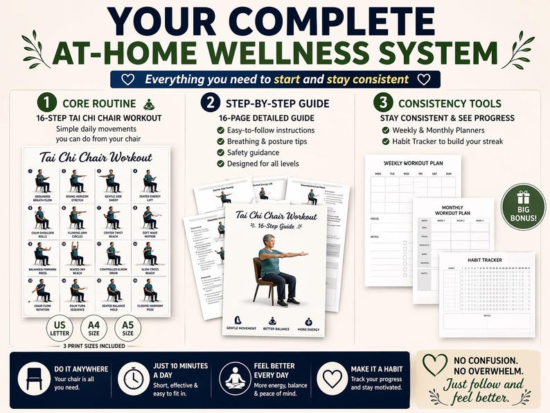May include: A wellness system graphic with the text "YOUR COMPLETE AT-HOME WELLNESS SYSTEM." It includes a 16-step Tai Chi chair workout, a step-by-step guide, and consistency tools like planners and a habit tracker.