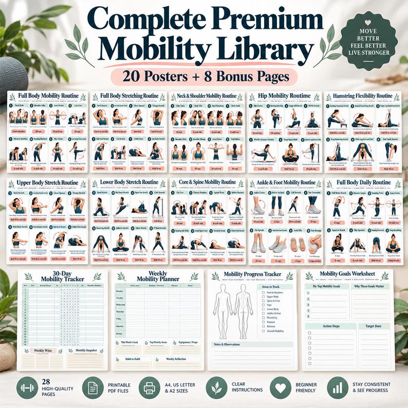 Mobility & Stretching Bundle Printable, 20 Exercise Posters + 8 Trackers, Full Body Flexibility Warm Up Cool Down PDF — original Etsy mockup 10