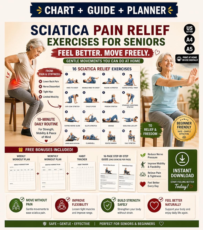 Sciatica Exercises Printable, Gentle Lower Back & Hip Stretch Routine, Sciatic Nerve Mobility Chart PDF — original Etsy mockup 11
