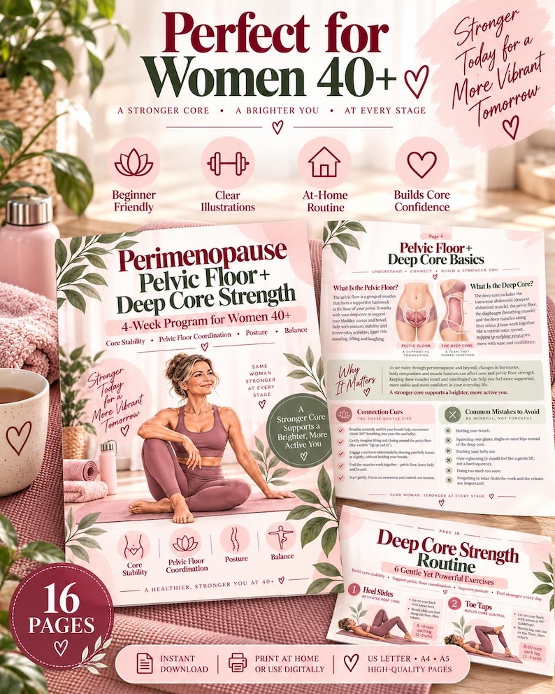 Women 40+ Core Strength Program, Pelvic Floor Coordination, Perimenopause Workout Planner PDF — original Etsy mockup 6