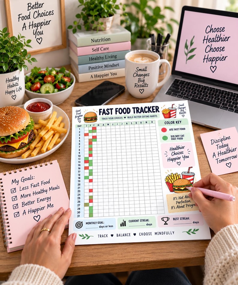 Fast Food Tracker Printable, Healthy Eating Habit Tracker, Food Journal, Monthly Meal Tracker, Wellness Planner, Digital Download PDF — original Etsy mockup 6