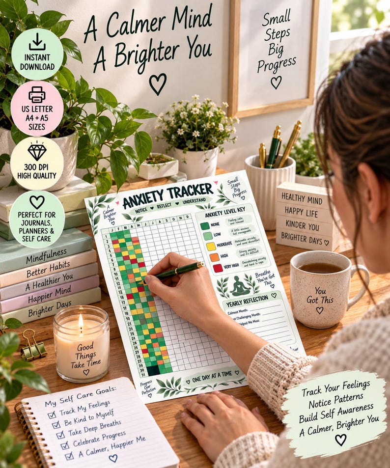 Anxiety Tracker Printable, Yearly Anxiety Log, Daily Mental Wellness Tracker, Self Care Journal, Mood & Stress Tracker, Planner Insert PDF — original Etsy mockup 5