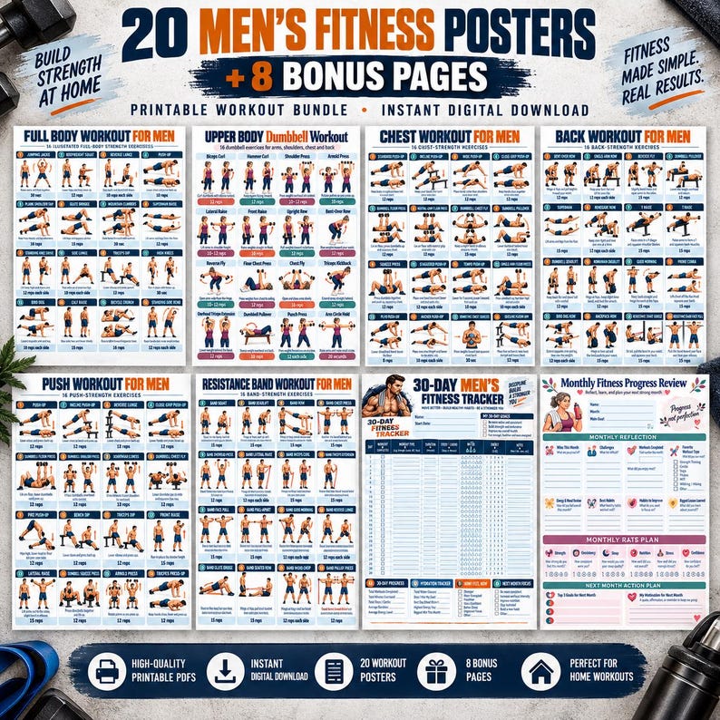 Men's Home Workout Printable Bundle, 20 Strength Posters + 8 Fitness Logs, Push Pull Legs Dumbbell Calisthenics PDF — original Etsy mockup 2