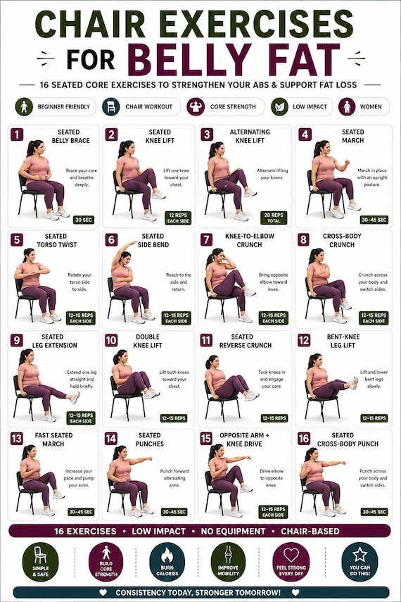 15 min Chair Core Workout Printable, 16 Low Impact Exercises (PDF Download)