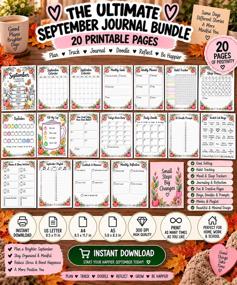September Bullet Journal Printable, Fall Planner Bundle, Mood Habit Sleep Tracker, September Calendar, Self Care Journal PDF - BuJo — original Etsy mockup 10