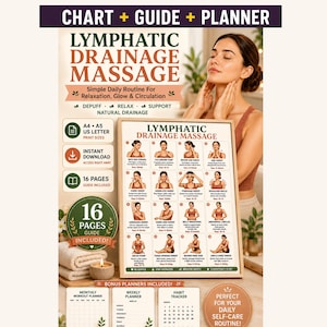 May include: A framed chart titled "Lymphatic Drainage Massage" with illustrations of massage techniques. The chart includes the text "Simple Daily Routine For Relaxation, Glow & Circulation." Also included are a 16-page guide and bonus planners.