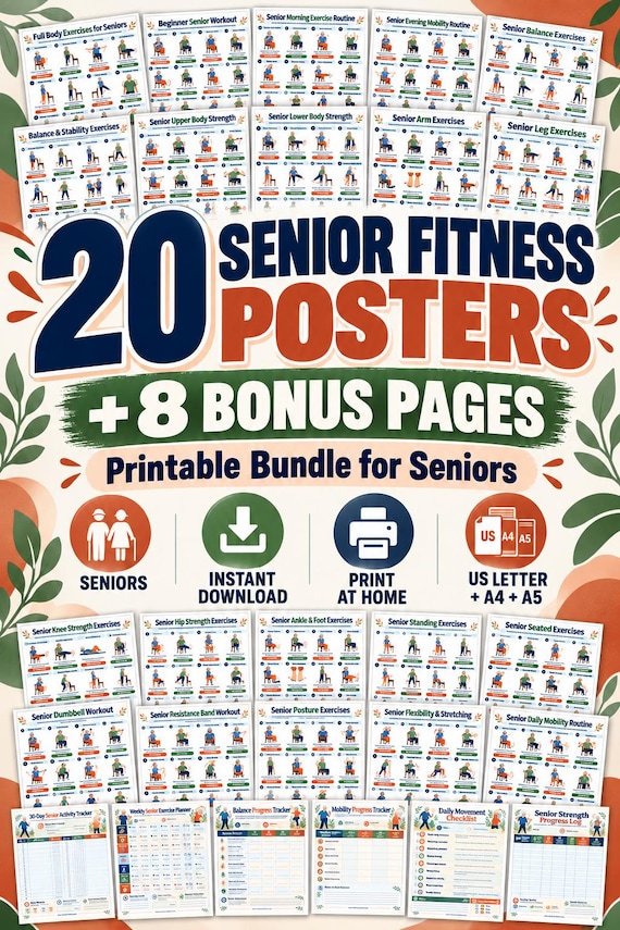 Exercise Posters for Seniors, 20 Low Impact Workout Charts + 8 Planners, Seated Standing Strength Balance PDF
