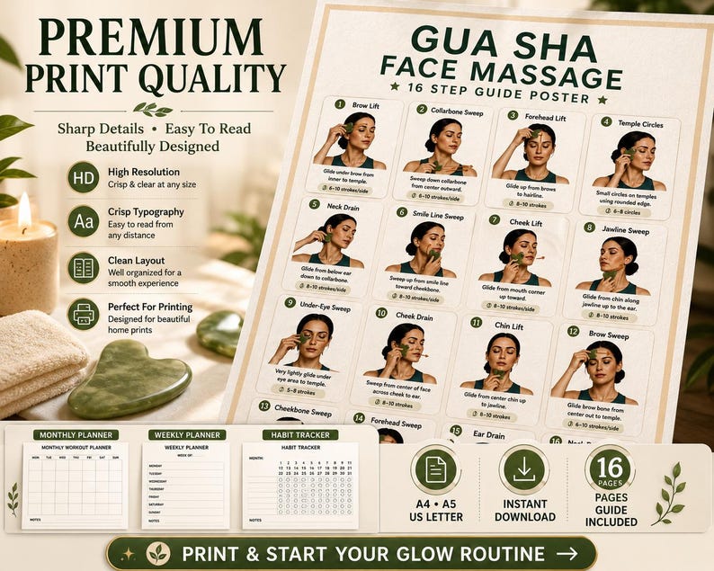 Gua Sha Face Massage Chart Printable, Facial Lymphatic Drainage Routine Poster, Skincare Self Massage Jawline Guide For Women, Gua Sha — original Etsy mockup 6