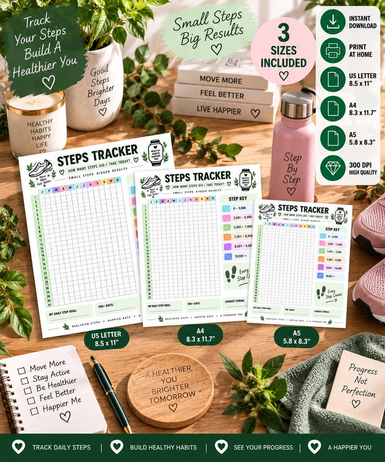 Steps Tracker Printable, Year in Pixels Step Tracker, Walking Tracker, Daily Steps Log, Fitness Habit Tracker, Wellness Planner PDF — original Etsy mockup 6