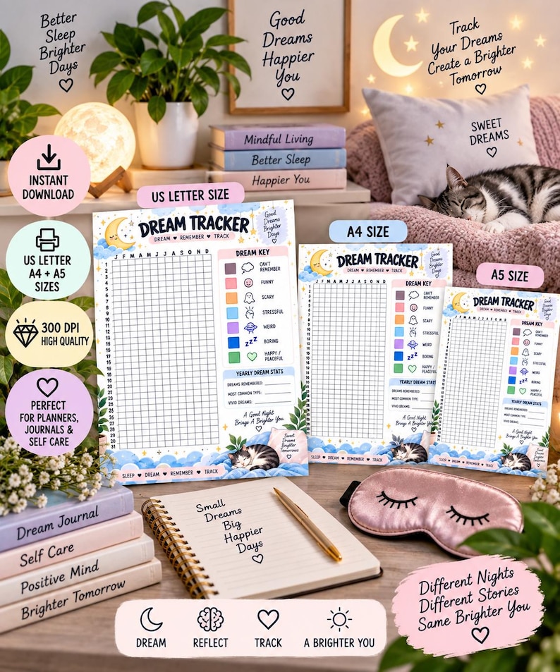 Yearly Dream Tracker, Dream Journal Printable, Daily Dream Log, Dream Recall Journal, Sleep Diary, Dream Mood Tracker, Planner Insert PDF — original Etsy mockup 5