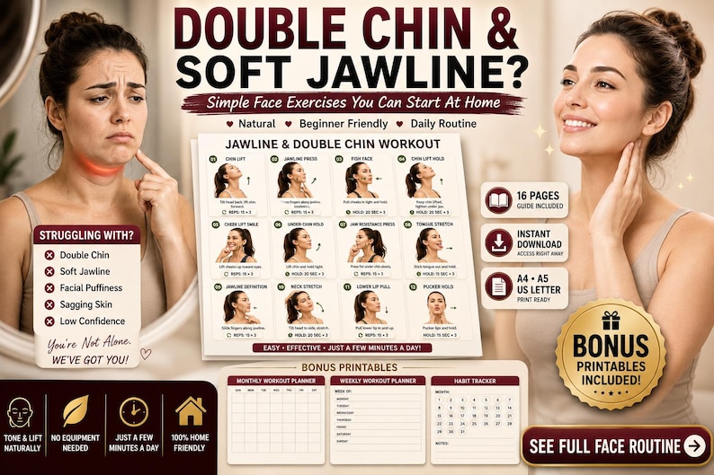 Jawline & Double Chin Exercises Printable | Face Yoga Neck Workout Chart — original Etsy mockup 2