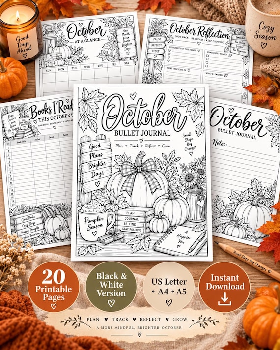 October Bullet Journal Printable, Black & White Pumpkin Planner, Fall Habit Mood Tracker, Autumn Journal PDF