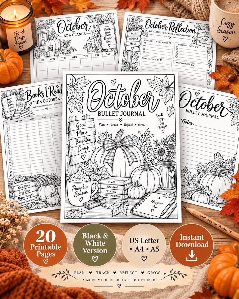 October Planner Printable, Pumpkin Bullet Journal, Black White Coloring Planner, Habit Mood Sleep Tracker PDF — original Etsy mockup 3