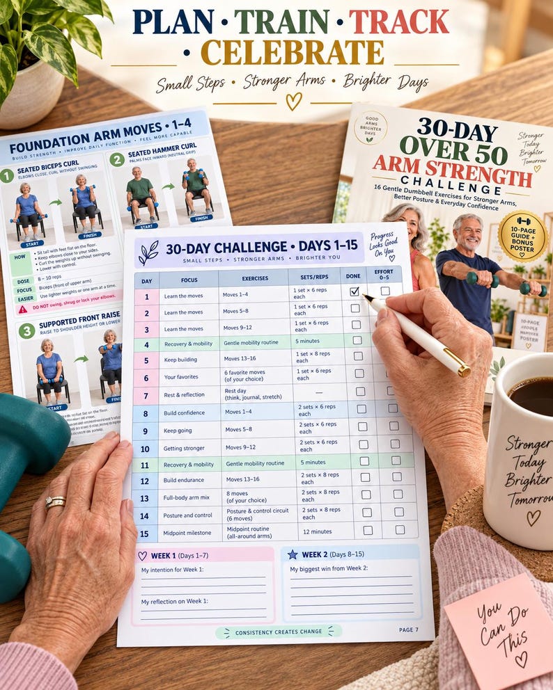 30 Day Over 50 Arm Strength Challenge, Senior Dumbbell Workout, Gentle Arm Exercises, Fitness Tracker & Printable Poster — original Etsy mockup 5