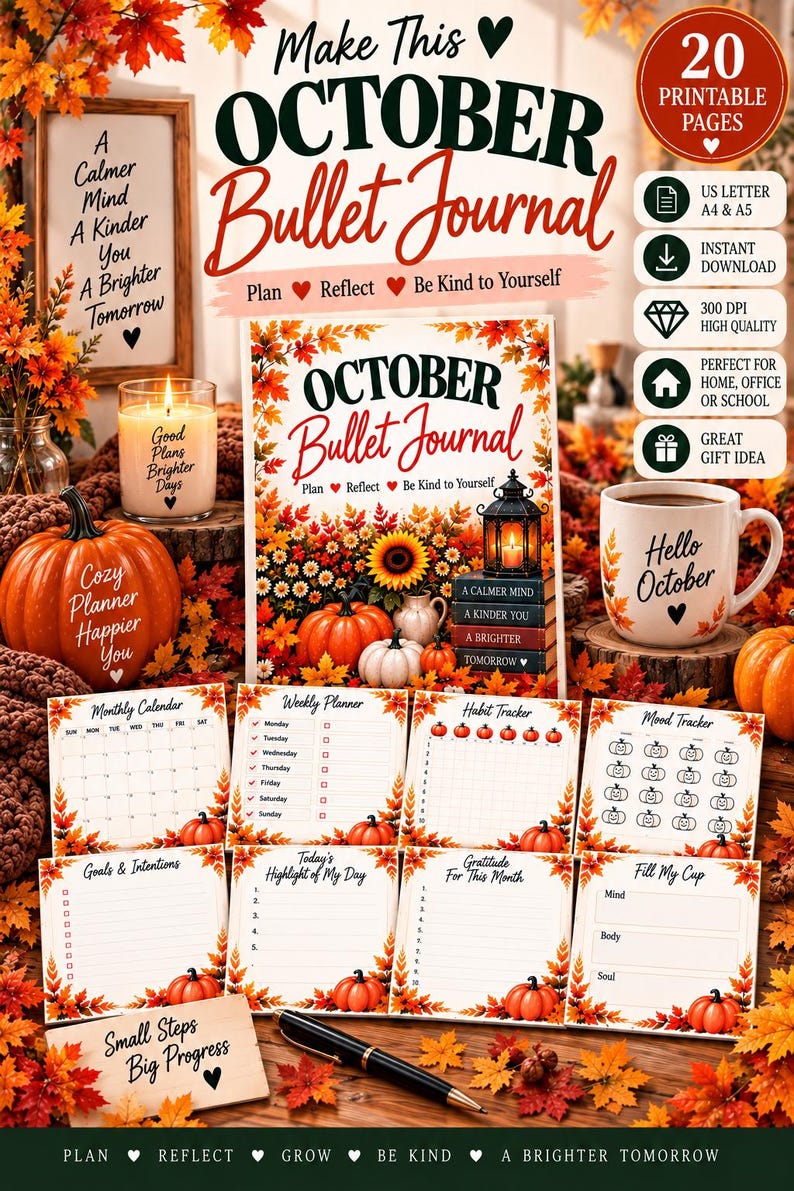 October Planner Printable, Fall Pumpkin Bullet Journal, 20 Page Habit Tracker, Mood Tracker, Self Care Journal PDF — original Etsy mockup 12
