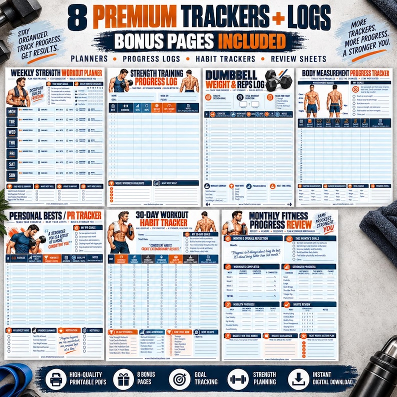 Men's Home Workout Printable Bundle, 20 Strength Posters + 8 Fitness Logs, Push Pull Legs Dumbbell Calisthenics PDF — original Etsy mockup 9