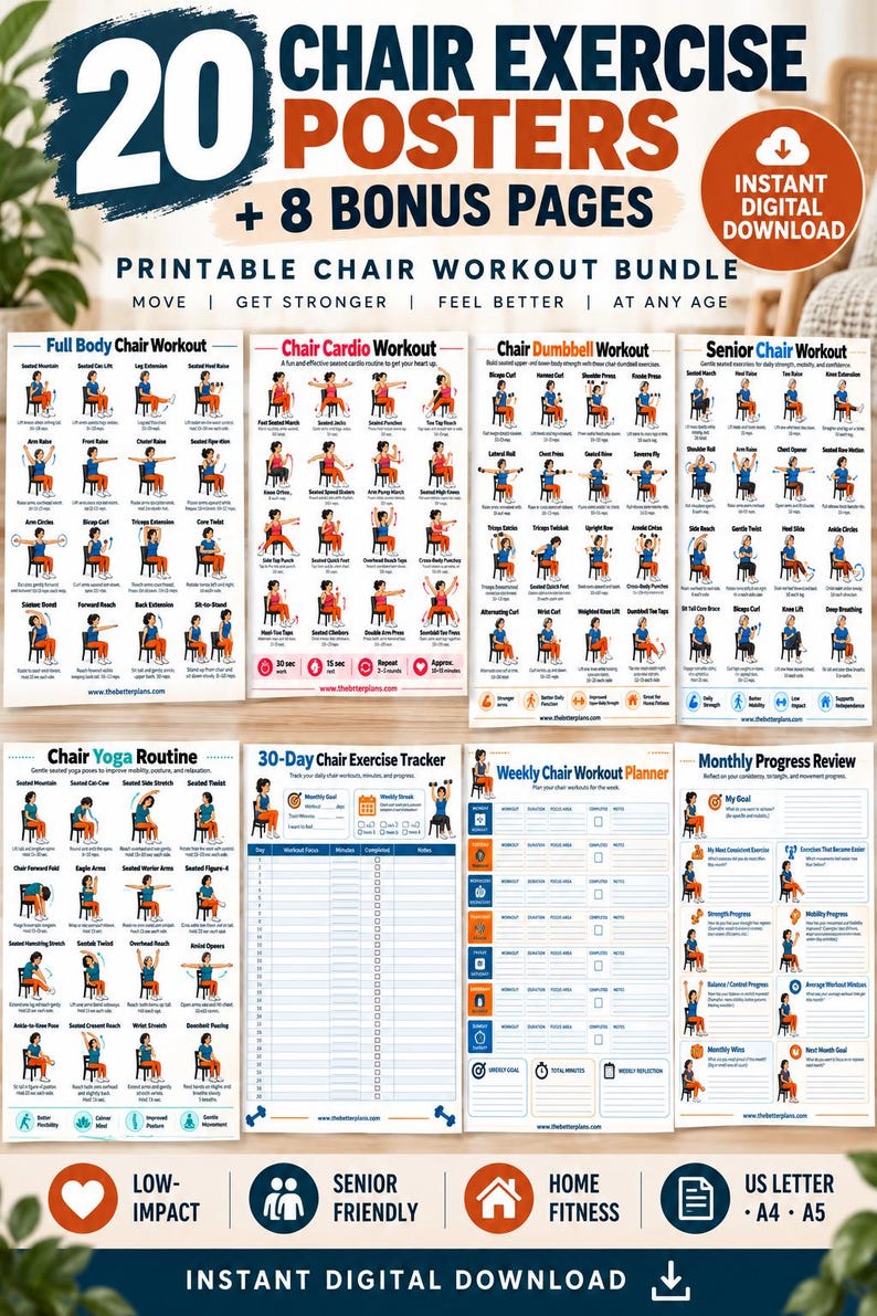 Printable Chair Fitness Bundle, 20 Exercise Charts + 8 Trackers, US Letter A4 A5 — original Etsy mockup 2