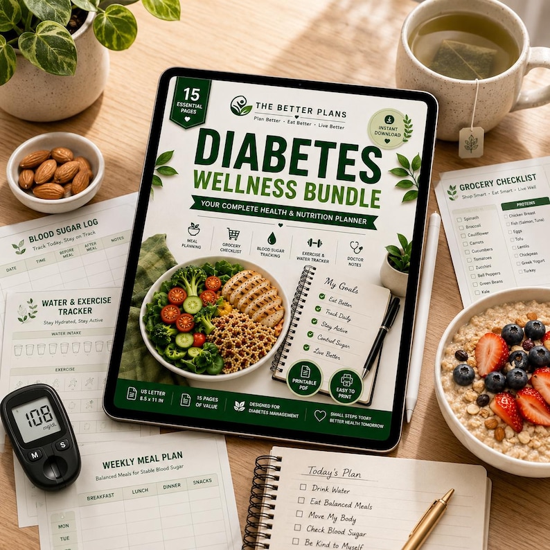 Diabetes Wellness Bundle Printable PDF | Blood Sugar Log, Meal Planner, Grocery Checklist, Low GI Foods, Diabetes Tracker — original Etsy mockup 8