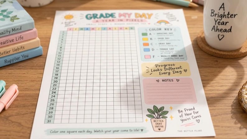Daily Rating Tracker Printable, Grade Your Day Journal, Yearly Pixel Tracker, Habit & Mood Log, Self Care Planner, A4 A5 Letter PDF — original Etsy mockup 5