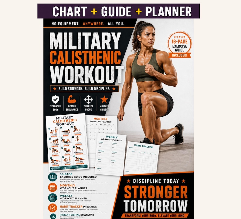 Military Calisthenics Workout Chart | Military Bodyweight Workout Plan | No Equipment Home Fitness Printable — original Etsy mockup 2