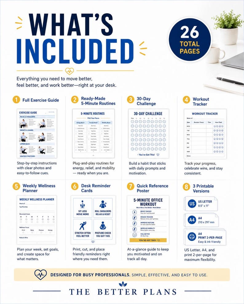 5-Minute Office Workout Printable PDF, Desk Exercise Guide, Tracker & 30-Day Challenge — original Etsy mockup 4