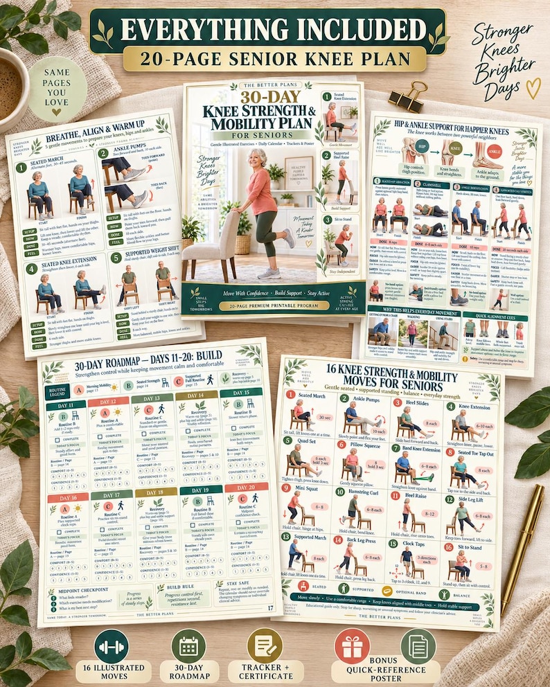 Knee Exercises for Seniors Printable 30 Day Strength and Mobility Plan with Illustrated Guide Tracker and Poster — original Etsy mockup 2