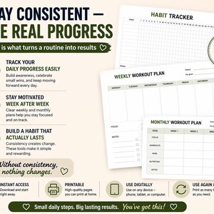 May include: A collection of printable habit trackers and workout plans. The designs include a habit tracker, weekly workout plan, and monthly workout plan. The text on the image reads "Stay Consistent - See Real Progress".