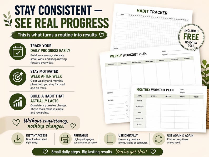 May include: A collection of printable habit trackers and workout plans. The designs include a habit tracker, weekly workout plan, and monthly workout plan. The text on the image reads "Stay Consistent - See Real Progress".