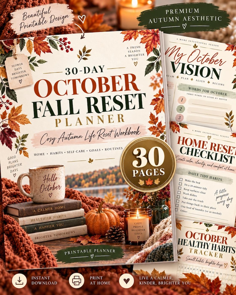 October Reset Planner Printable, 30 Day Fall Life Reset Workbook, Autumn Self Care Journal, Home Habits Goals Routine Planner PDF — original Etsy mockup 9