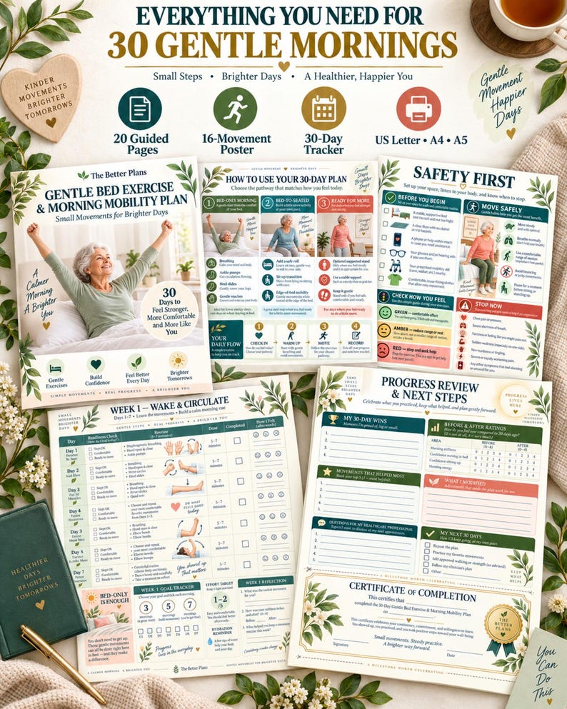 Senior Mobility Exercise Printable, Bed-to-Sit Movement Guide, 30-Day Low Impact Bed Chair Workout with Safety Tracker — original Etsy mockup 4