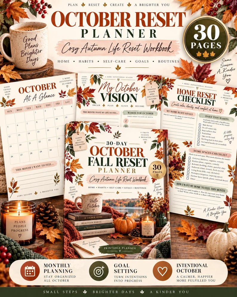 Autumn Reset Workbook Printable, 30 Page October Planner, Fall Home Organization Self Care Habit Tracker Goal Setting PDF — original Etsy mockup 8