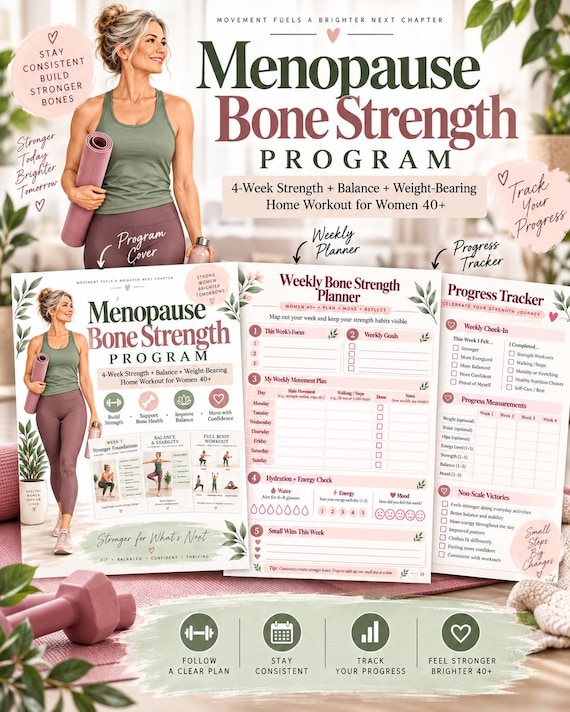 Menopause Bone Strength Program, Weight-Bearing Workout for Women 40+, 4-Week Balance & Walking Printable