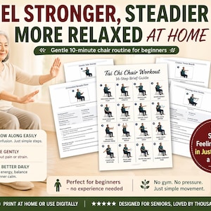 May include: An elderly woman demonstrates Tai Chi chair exercises, with instructional guides in the background. The image includes text that reads "Feel Stronger, Steadier & More Relaxed At Home" and "Start Feeling Better in Just Minutes a Day!"