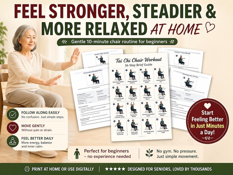 May include: An elderly woman demonstrates Tai Chi chair exercises, with instructional guides in the background. The image includes text that reads "Feel Stronger, Steadier & More Relaxed At Home" and "Start Feeling Better in Just Minutes a Day!"