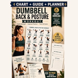 May include: A fitness poster with the text "Dumbbell Back & Posture Workout" and a woman holding dumbbells. Includes a chart, guide, and planner. The poster promises to build strength, improve posture, and train at home. Bonus planners are included.