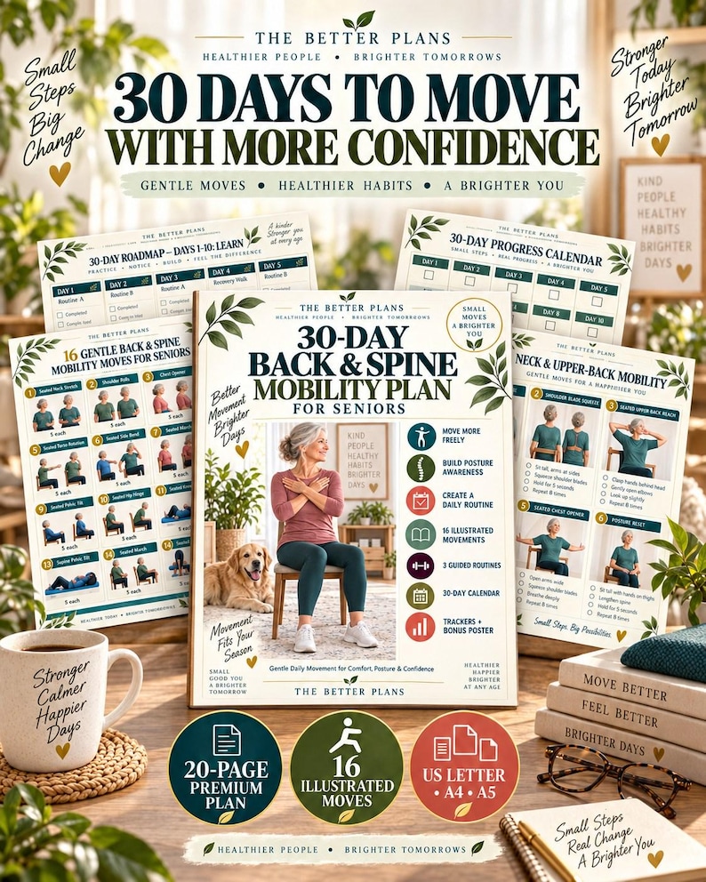 30-Day Back Mobility Plan for Seniors, Gentle Spine Exercise Printable, Seated Routines, Calendar and Tracker — original Etsy mockup 10