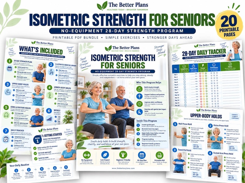 Senior Strength Workout Printable PDF, Isometric Exercises for Seniors, 4 Week Low Impact Home Program with Tracker — original Etsy mockup 3