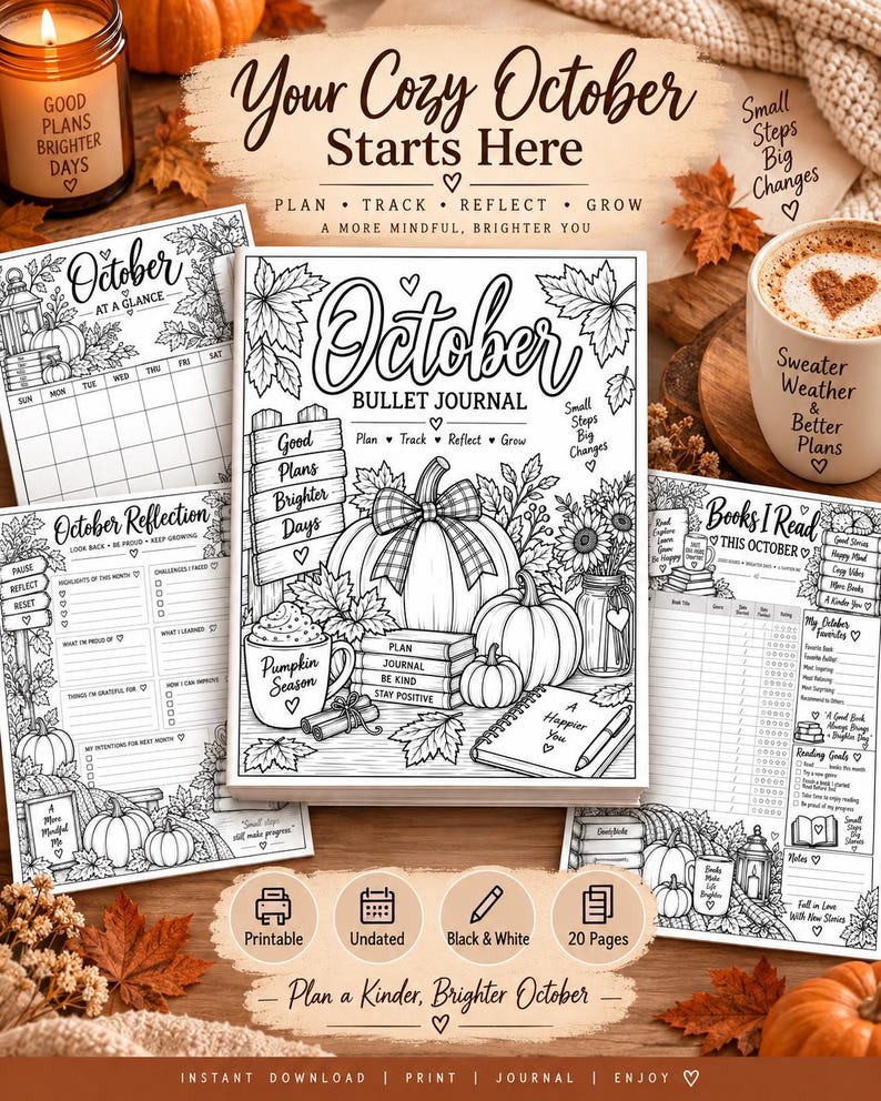 October Bullet Journal Printable, Black & White Pumpkin Planner, Fall Habit Mood Tracker, Autumn Journal PDF — original Etsy mockup 9