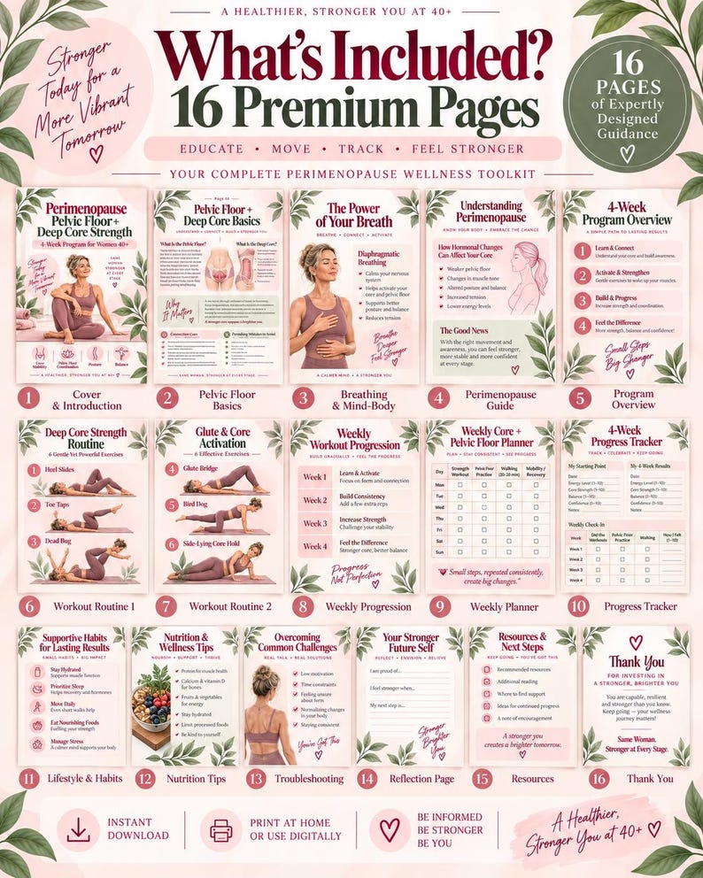 Women 40+ Core Strength Program, Pelvic Floor Coordination, Perimenopause Workout Planner PDF — original Etsy mockup 3