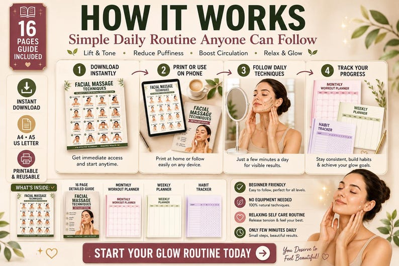 Facial Massage Techniques Printable | Lymphatic Drainage & Face Yoga Guide — original Etsy mockup 4
