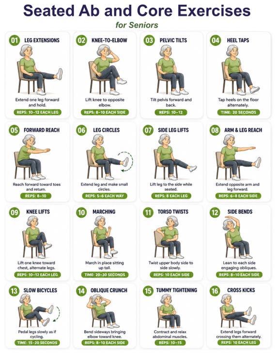Chair Workout Printable PDF | Seated Ab Core Exercises for Seniors (Digital Download)