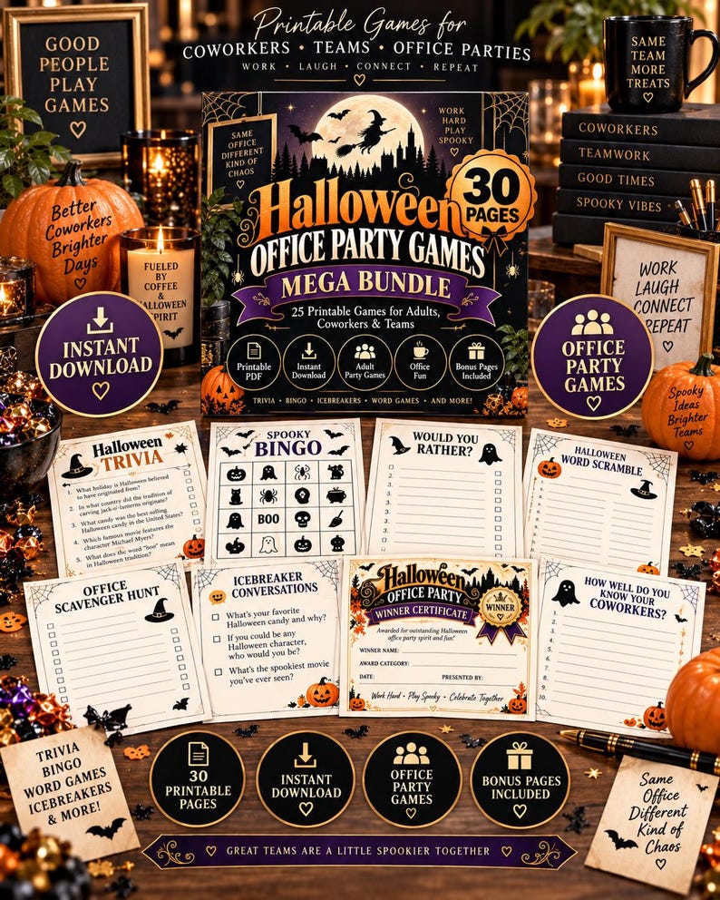 Halloween Games for Work Printable, Office Party Games for Coworkers, 30 Page Adult Team Building Bundle, Instant Download